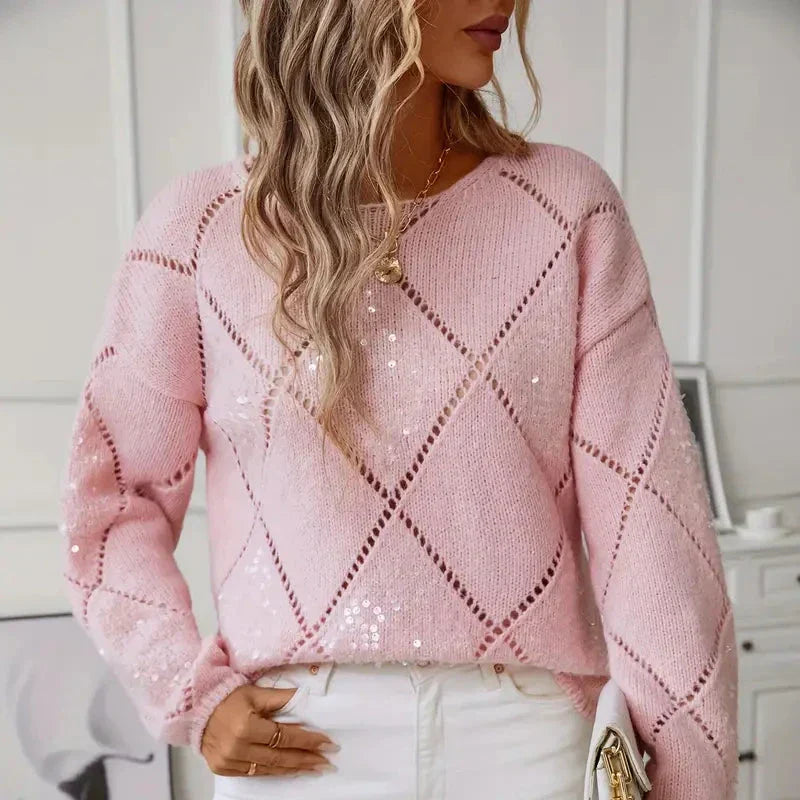 Loose pullover knitted sweater with diamond pattern for women