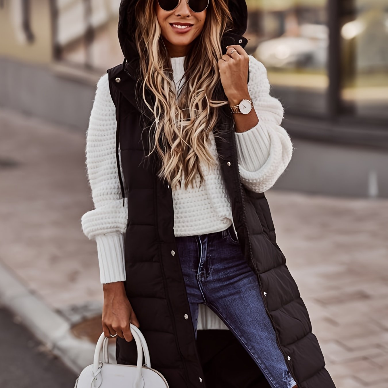 Women's solid color hooded single-breasted mid-length slim cardigan jacket