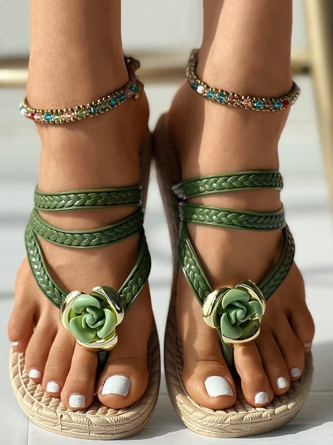 Braided Floral Embellished Strappy Sandals