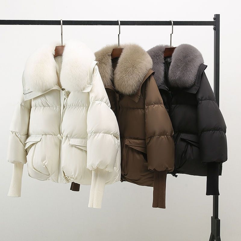 Women’s Puffer Jacket - Woven Fabric - Relaxed Fit - Hip Length - Faux Fur Collar