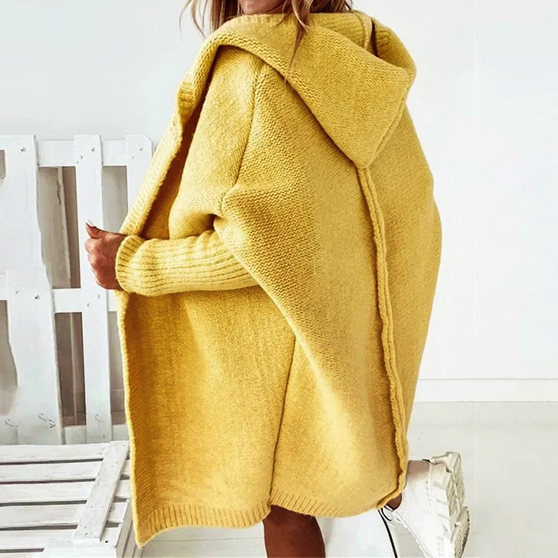 Women’s Cardigan – Oversized Fit – Knit Hooded – Knee-Length – Ribbed Cuffs – Relaxed Wear