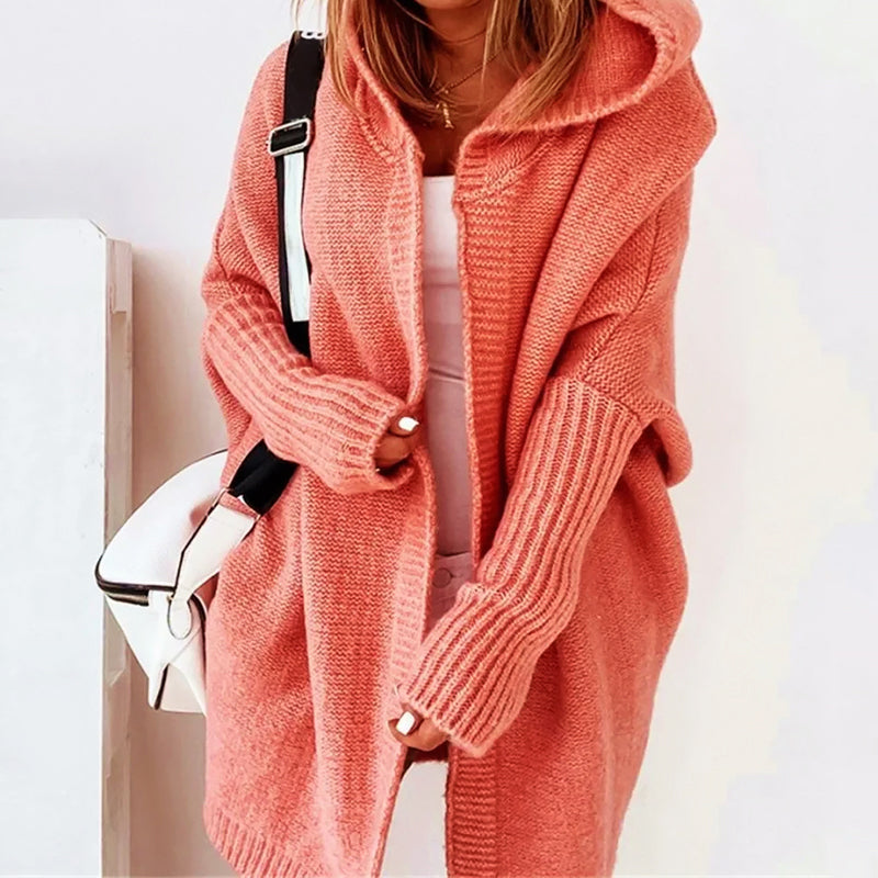Women’s Cardigan – Oversized Fit – Knit Hooded – Knee-Length – Ribbed Cuffs – Relaxed Wear
