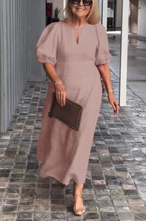 Women's Midi Dress - Puff Sleeve - Keyhole Neck - A-Line Fit
