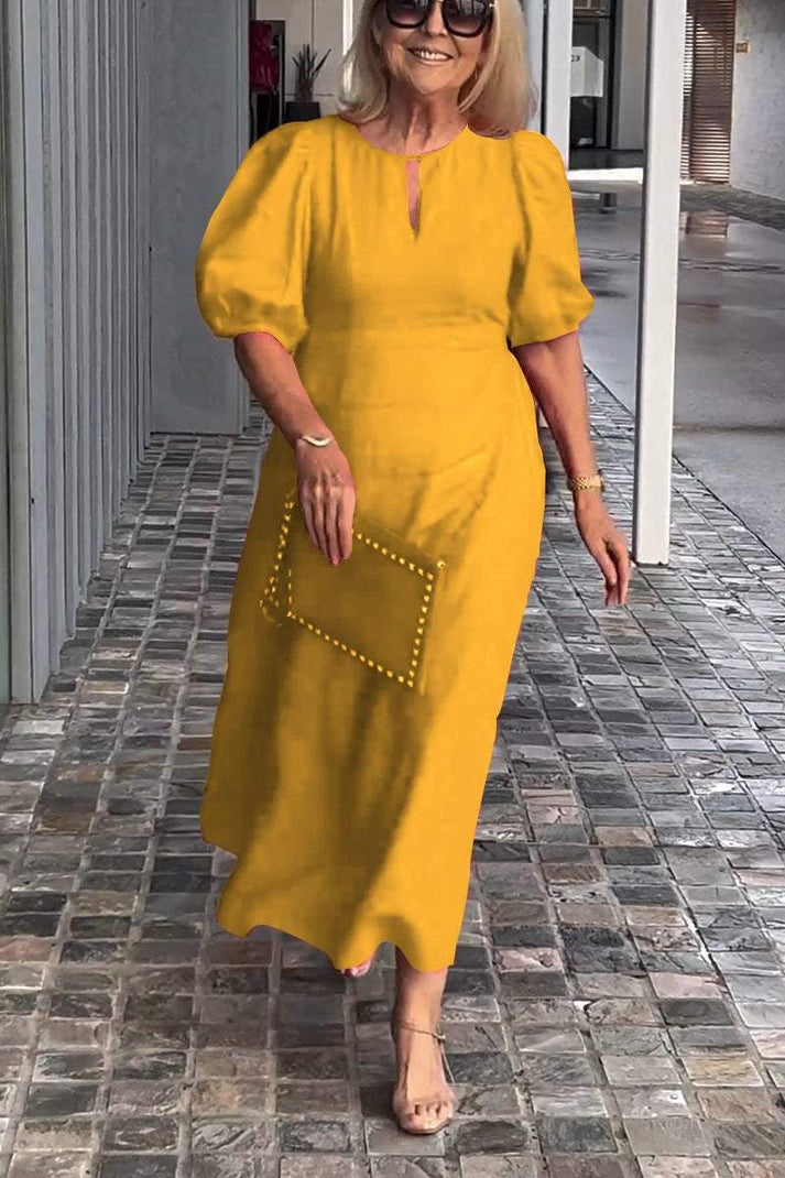 Women's Midi Dress - Puff Sleeve - Keyhole Neck - A-Line Fit