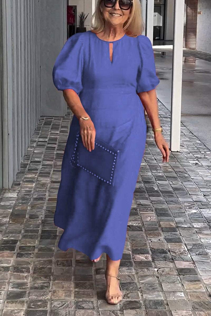 Women's Midi Dress - Puff Sleeve - Keyhole Neck - A-Line Fit