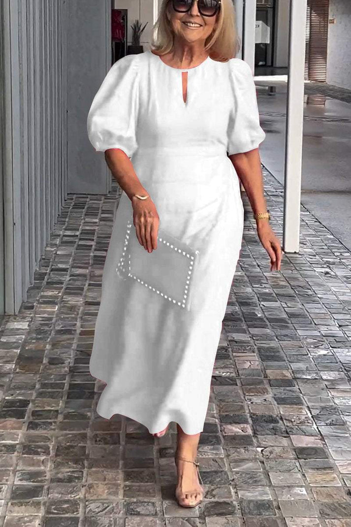 Women's Midi Dress - Puff Sleeve - Keyhole Neck - A-Line Fit