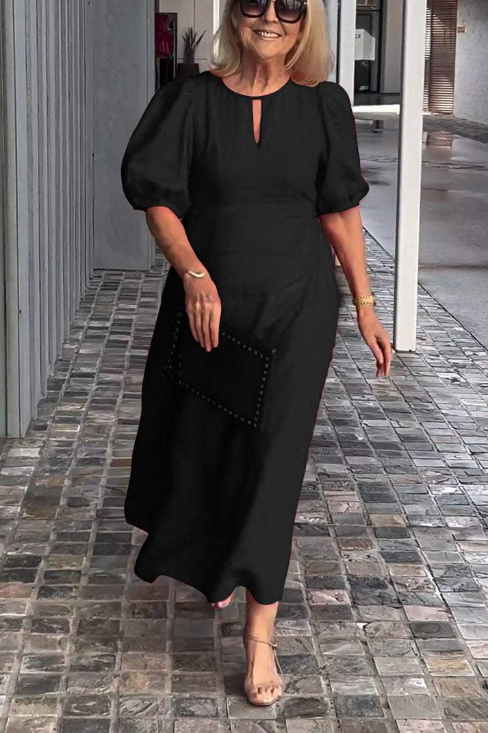 Women's Midi Dress - Puff Sleeve - Keyhole Neck - A-Line Fit