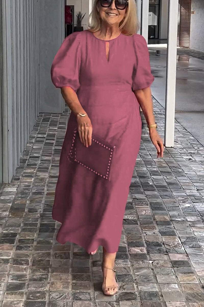 Women's Midi Dress - Puff Sleeve - Keyhole Neck - A-Line Fit