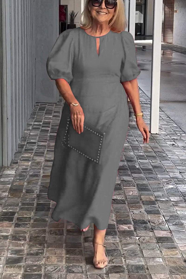 Women's Midi Dress - Puff Sleeve - Keyhole Neck - A-Line Fit
