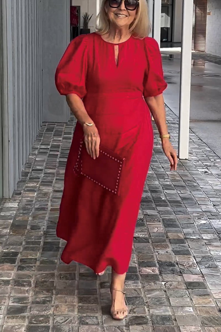 Puff Sleeve A-Line Midi Dress