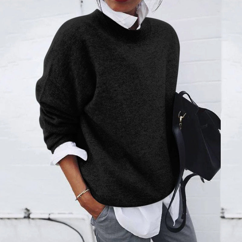 Women's solid color knitted sweater long sleeve round neck