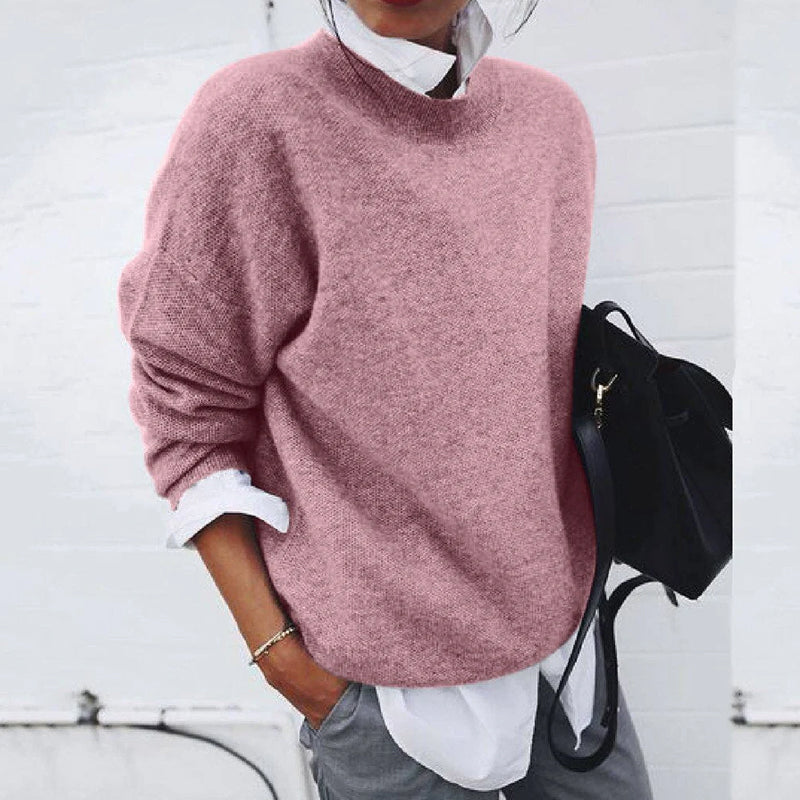 Women's solid color knitted sweater long sleeve round neck