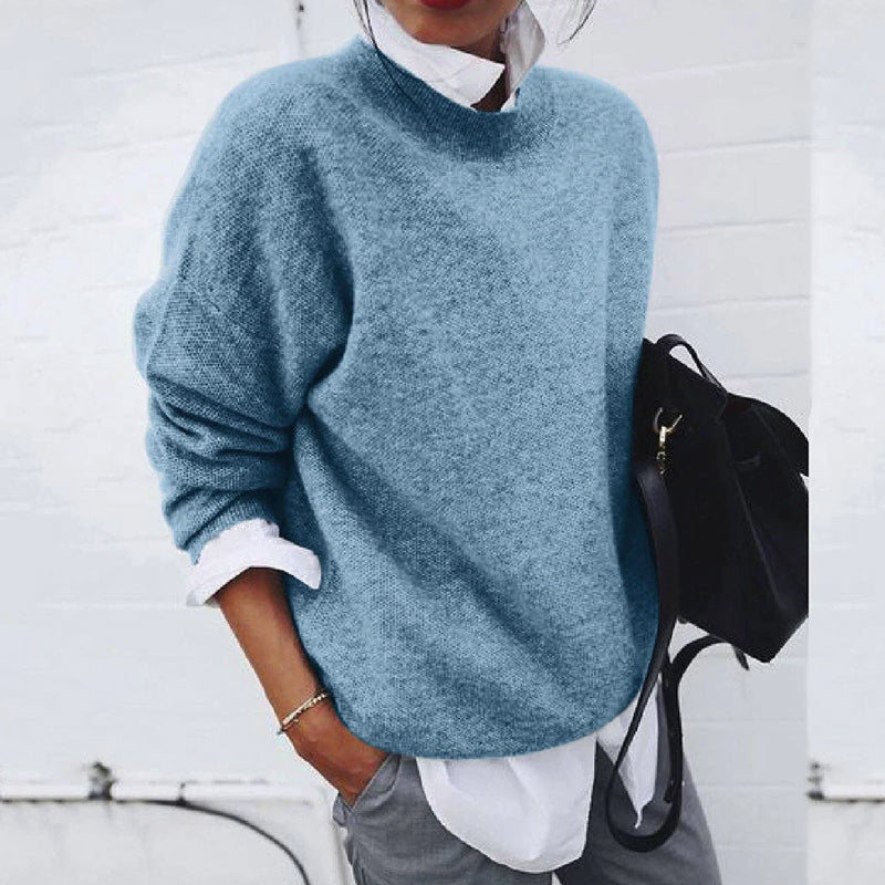 Women's solid color knitted sweater long sleeve round neck