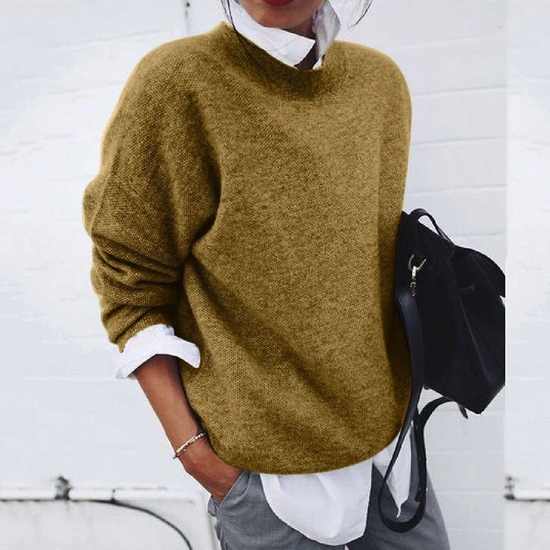 Women's solid color knitted sweater long sleeve round neck