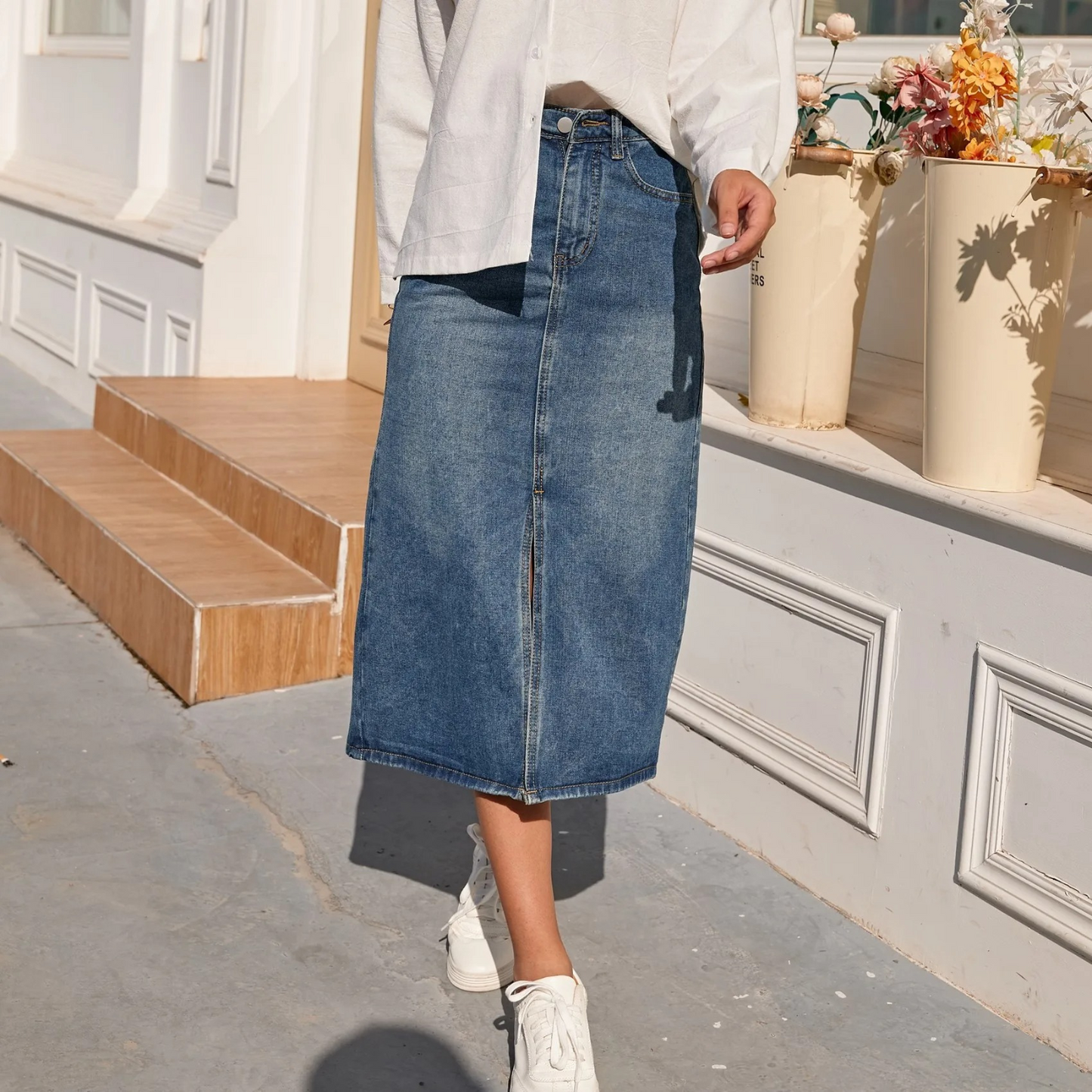 Jacklyn - High Waist Vintage Split-Fork Blue Long Denim Skirt