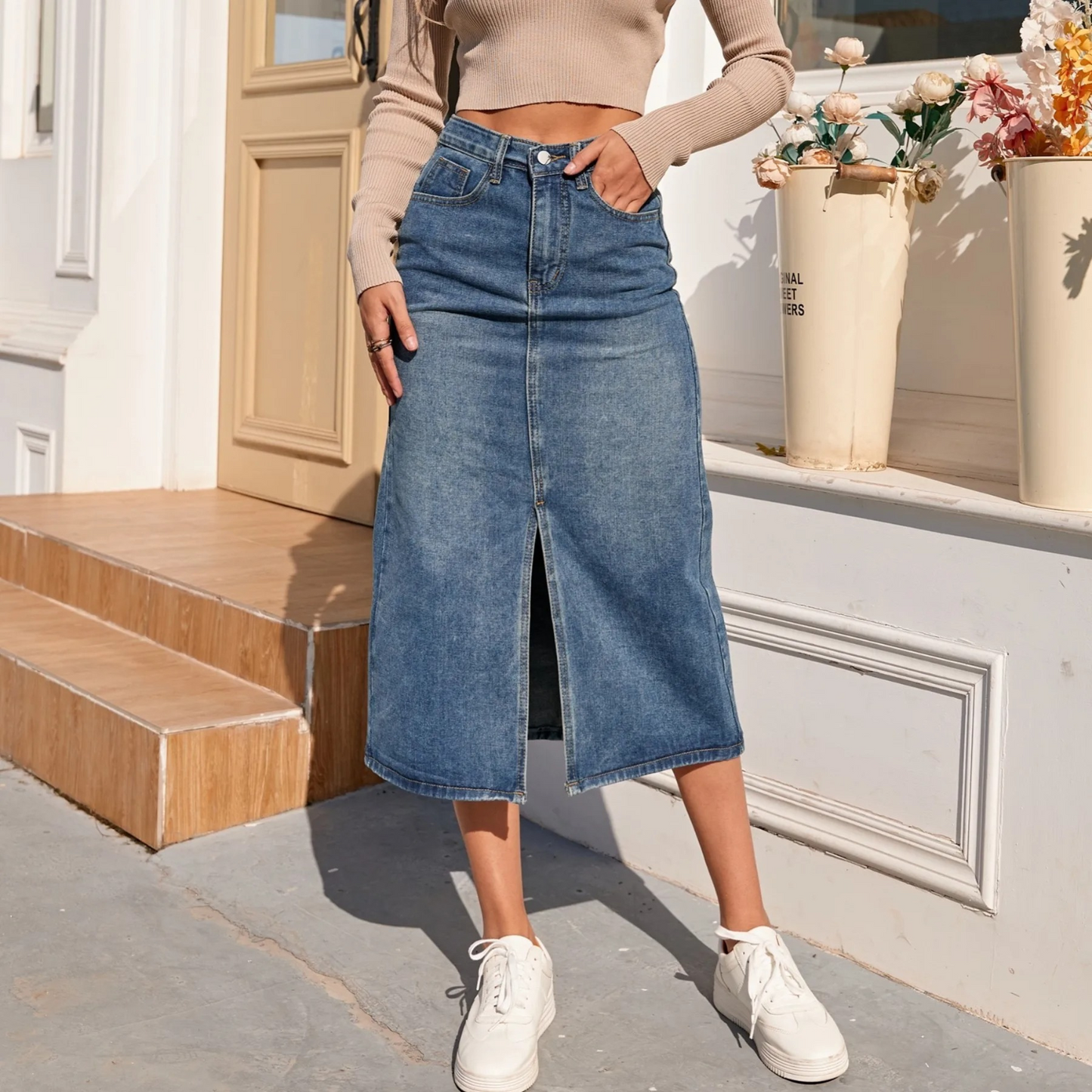 Jacklyn - High Waist Vintage Split-Fork Blue Long Denim Skirt