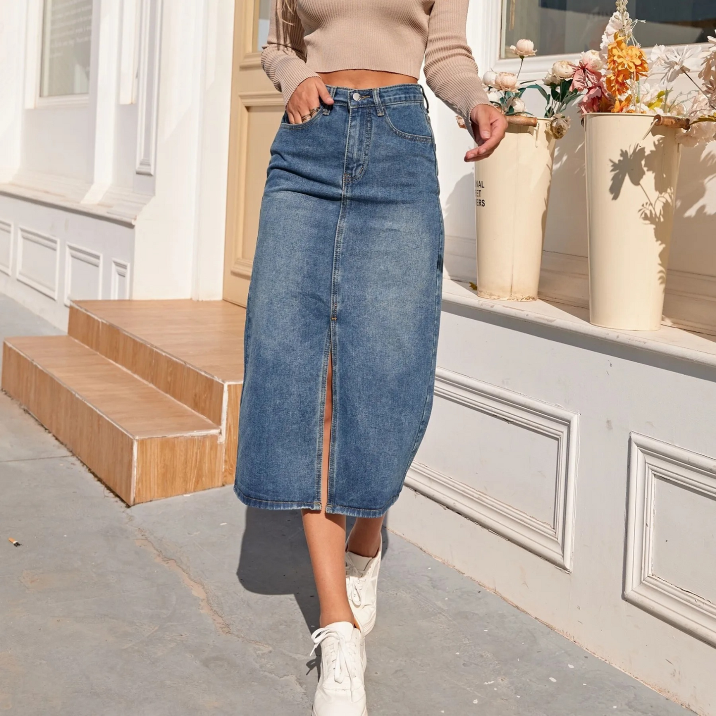 Jacklyn - High Waist Vintage Split-Fork Blue Long Denim Skirt