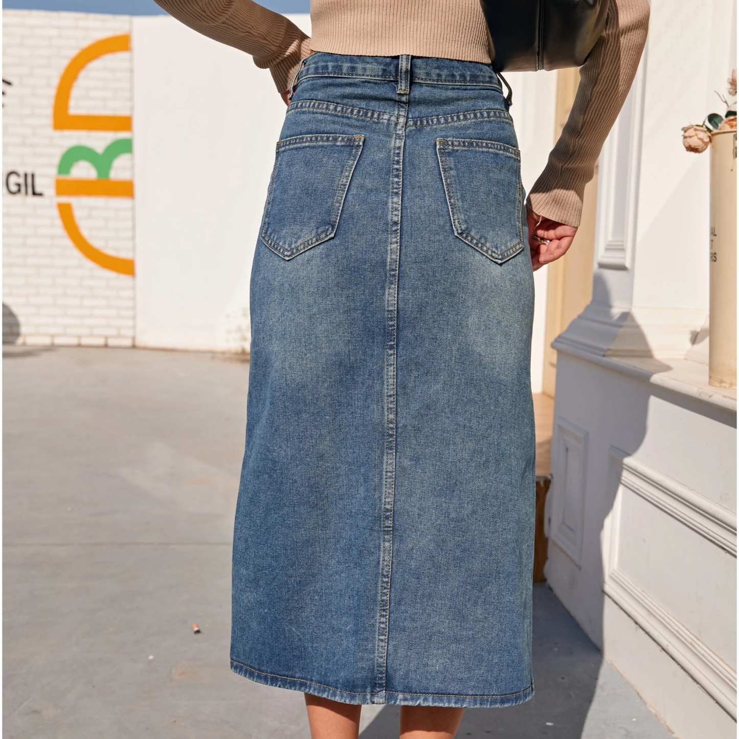 Jacklyn - High Waist Vintage Split-Fork Blue Long Denim Skirt