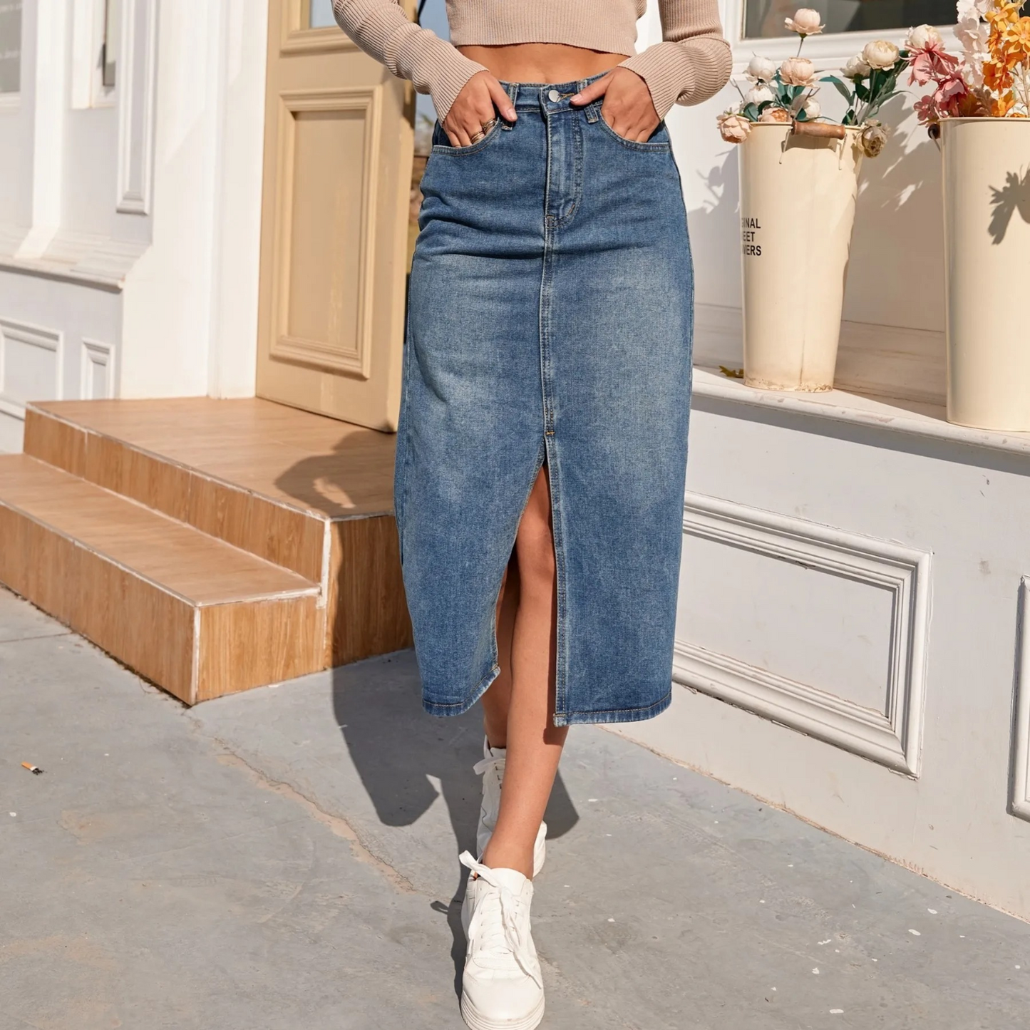 Jacklyn - High Waist Vintage Split-Fork Blue Long Denim Skirt