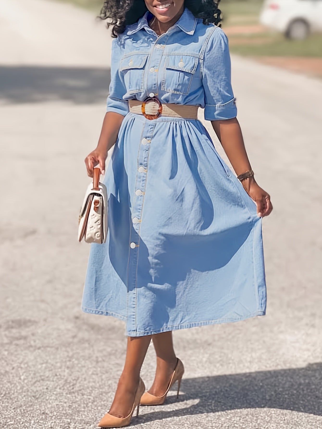 Women's Denim Shirt Dress - Button Down Midi - A-Line Fit - Belted Waist - Pocket Detail