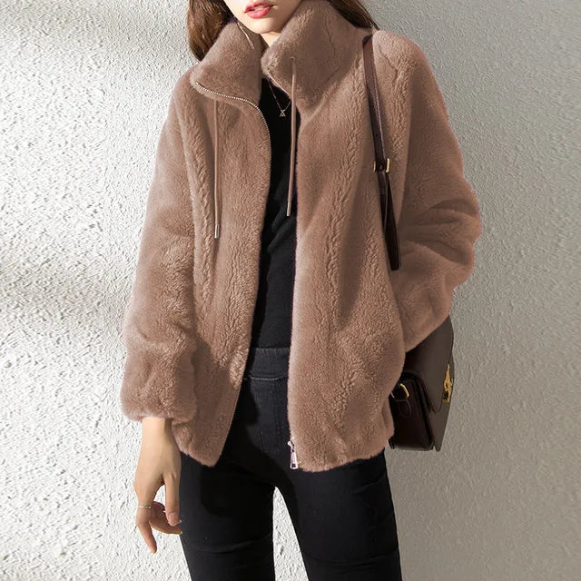 Women's turtleneck zip-up fleece drawstring jacket
