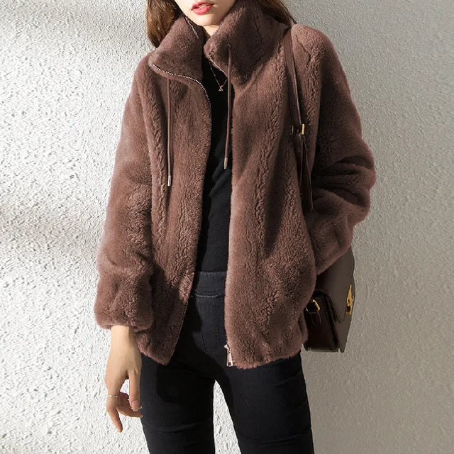 Women's turtleneck zip-up fleece drawstring jacket