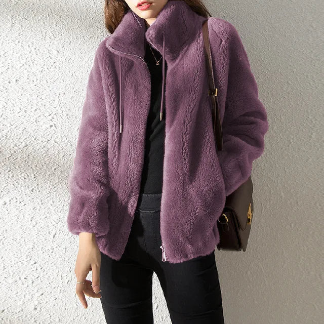 Women's turtleneck zip-up fleece drawstring jacket