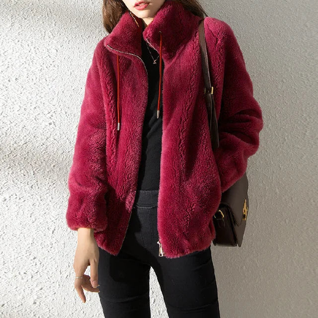Women's turtleneck zip-up fleece drawstring jacket