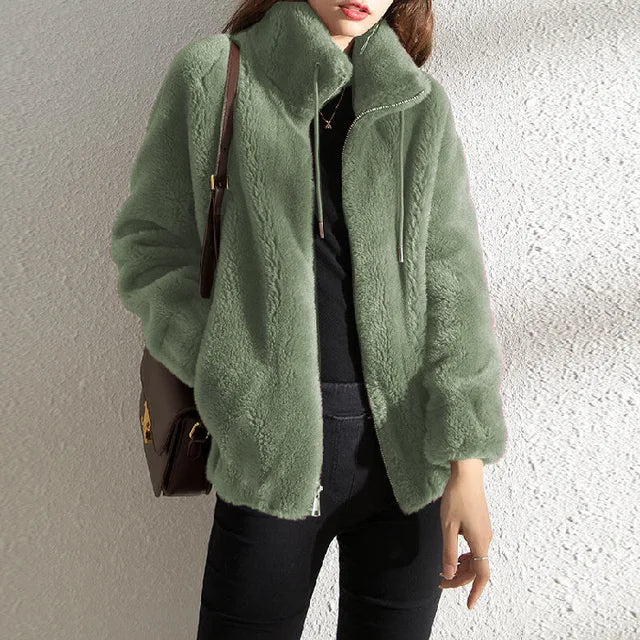 Women's turtleneck zip-up fleece drawstring jacket