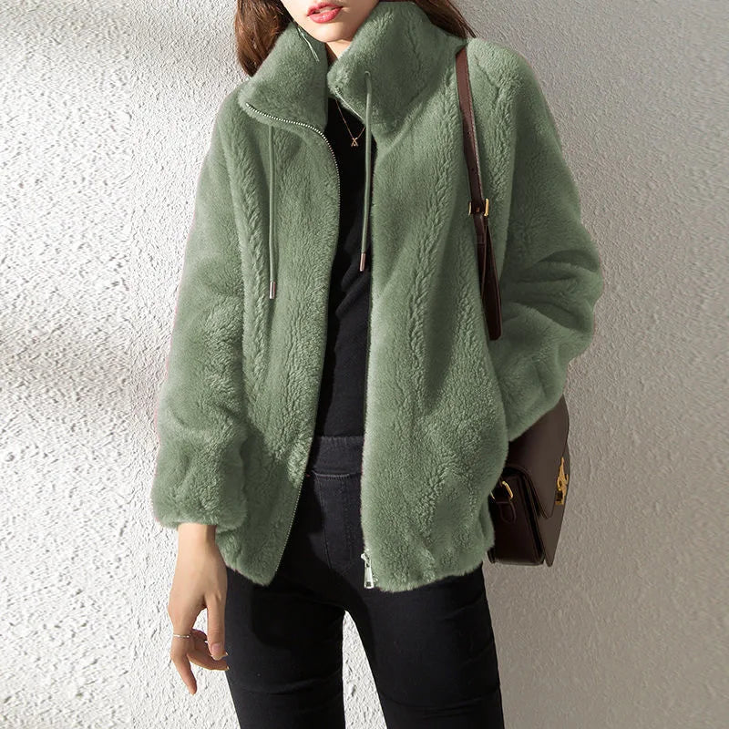 Women's turtleneck zip-up fleece drawstring jacket