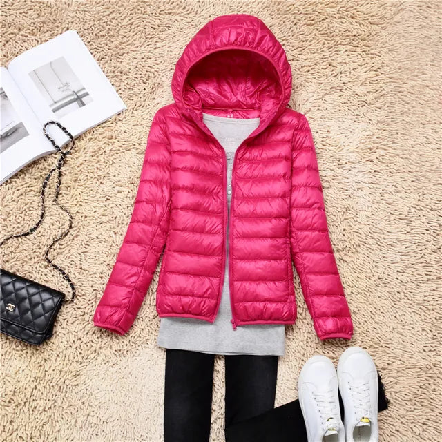 Women's Puffer Jacket - Lightweight Quilted - Hooded Water-Resistant Zip-Up