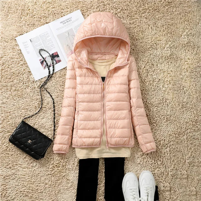 Women's Puffer Jacket - Lightweight Quilted - Hooded Water-Resistant Zip-Up