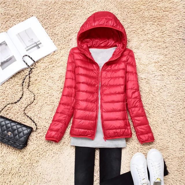 Women's Puffer Jacket - Lightweight Quilted - Hooded Water-Resistant Zip-Up