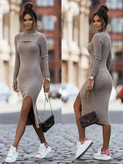 Women's Bodycon Midi Dress - Ribbed Knit - High Neck - Cutout Detail - Long Sleeve