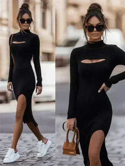 Women's Bodycon Midi Dress - Ribbed Knit - High Neck - Cutout Detail - Long Sleeve
