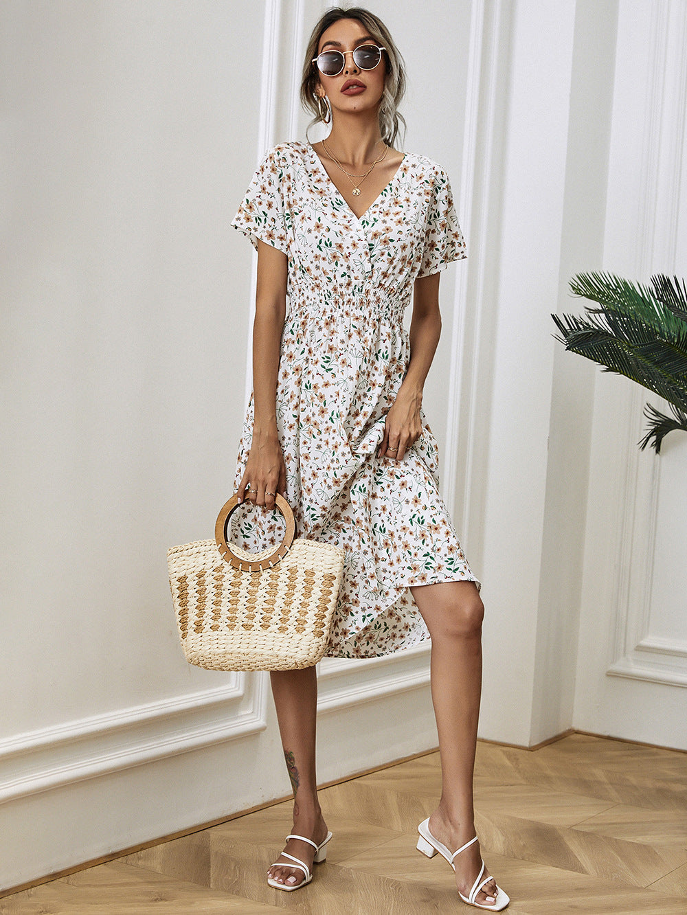 Floral Print Flowy Elastic Waist Midi Dress