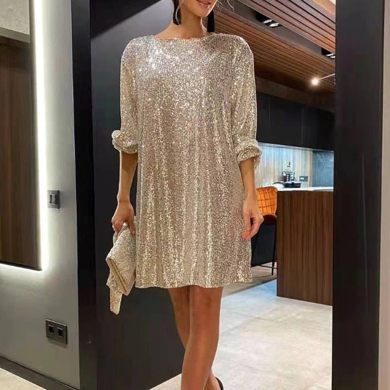 Women's Sequined Dress - Asymmetrical Hem - Three-Quarter Sleeve - Loose Fit Party Wear