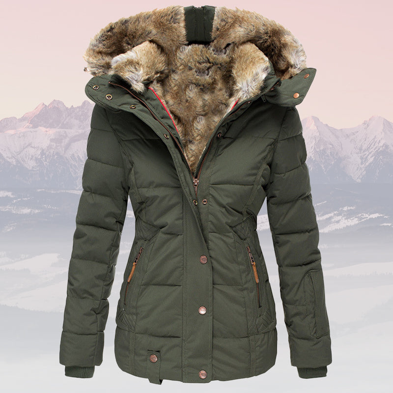 Women's winter warm fur-collar hooded jacket - Insulated stylish winter coat