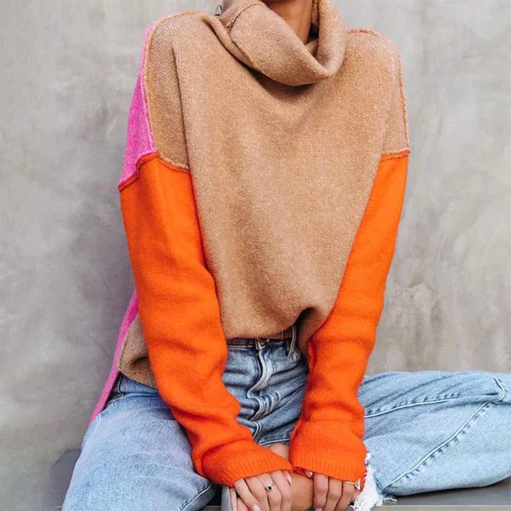 Women’s Pullover Sweatshirt – Relaxed Fit – Cowl Neck – Soft Knit – Color Block Design