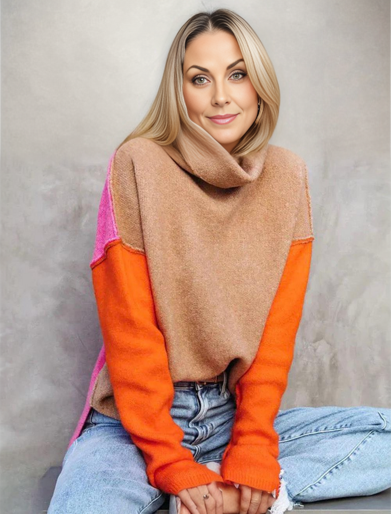 Women’s Pullover Sweatshirt – Relaxed Fit – Cowl Neck – Soft Knit – Color Block Design