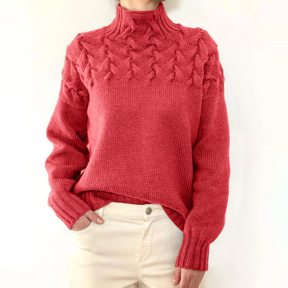 Women's high collar cable knit long sleeve sweater