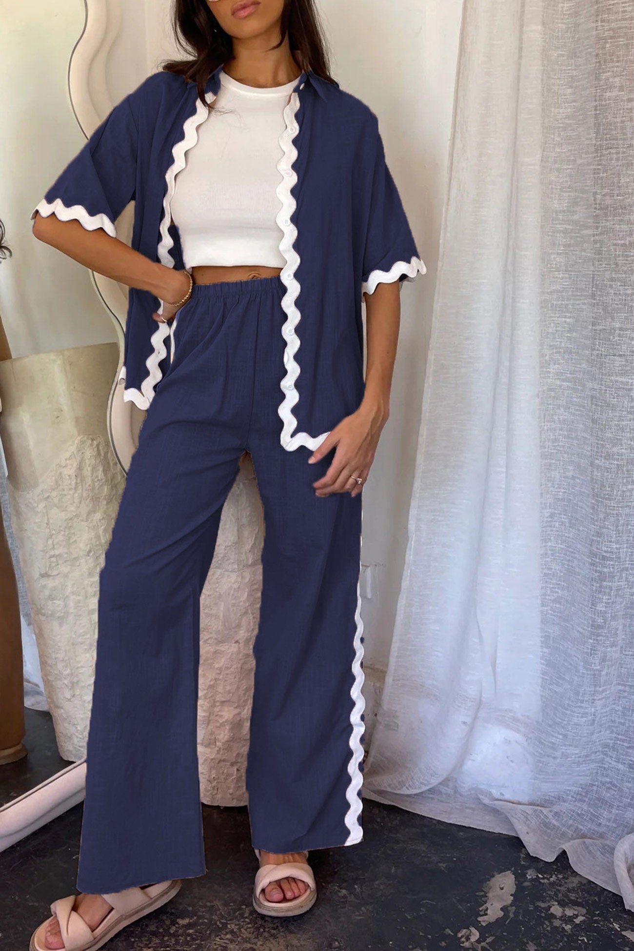 Women's wavy stitching blouse and long pants set
