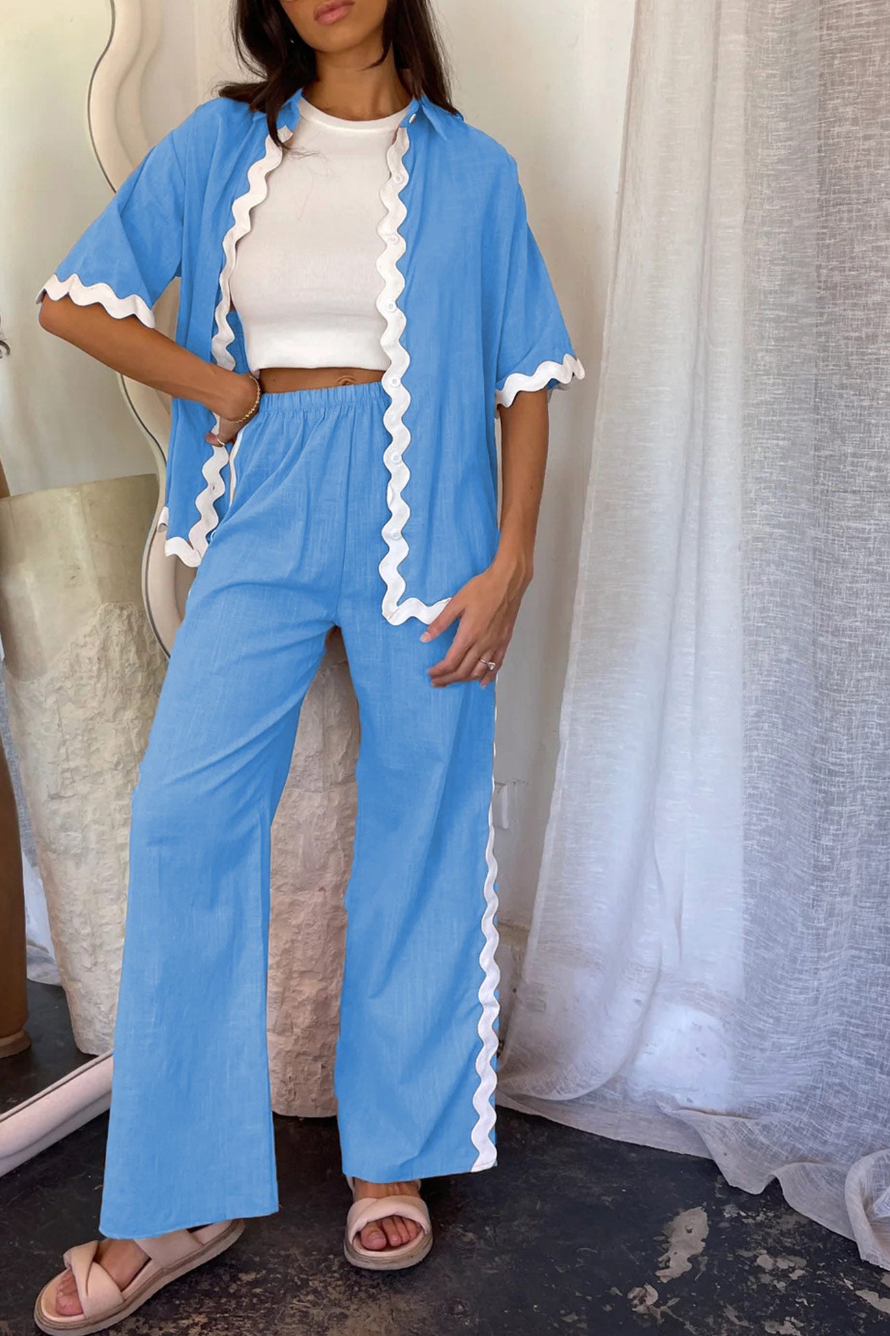 Women's wavy stitching blouse and long pants set