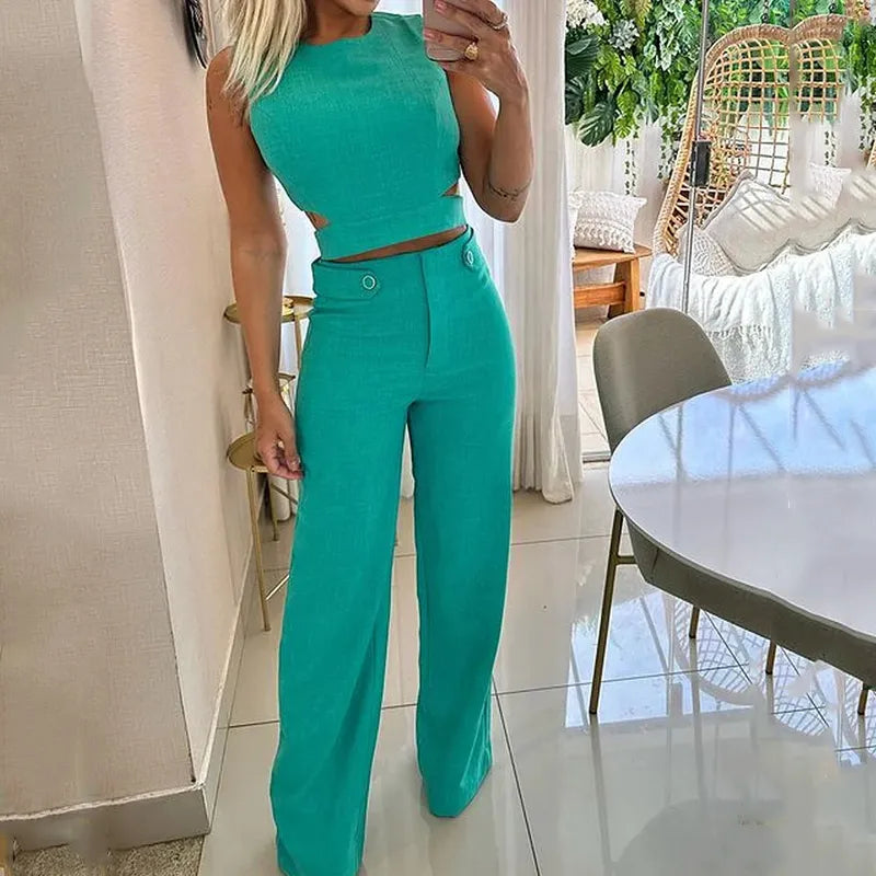 Women's Two-Piece Set - Sleeveless Crop Top & High-Waisted Wide-Leg Pants - Chic Fit