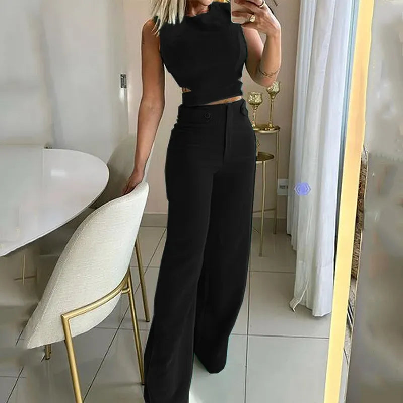 Women's Two-Piece Set - Sleeveless Crop Top & High-Waisted Wide-Leg Pants - Chic Fit