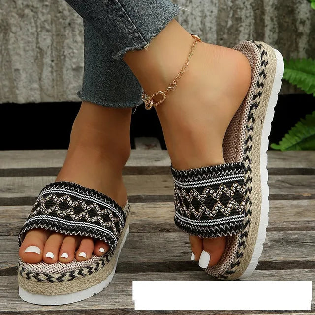 Women's Woven Slide Sandals - Bohemian Style - Elevated Sole - Casual Comfort