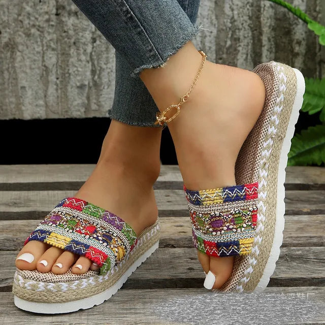 Women's Woven Slide Sandals - Bohemian Style - Elevated Sole - Casual Comfort