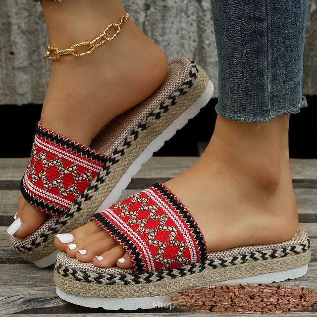 Women's Woven Slide Sandals - Bohemian Style - Elevated Sole - Casual Comfort