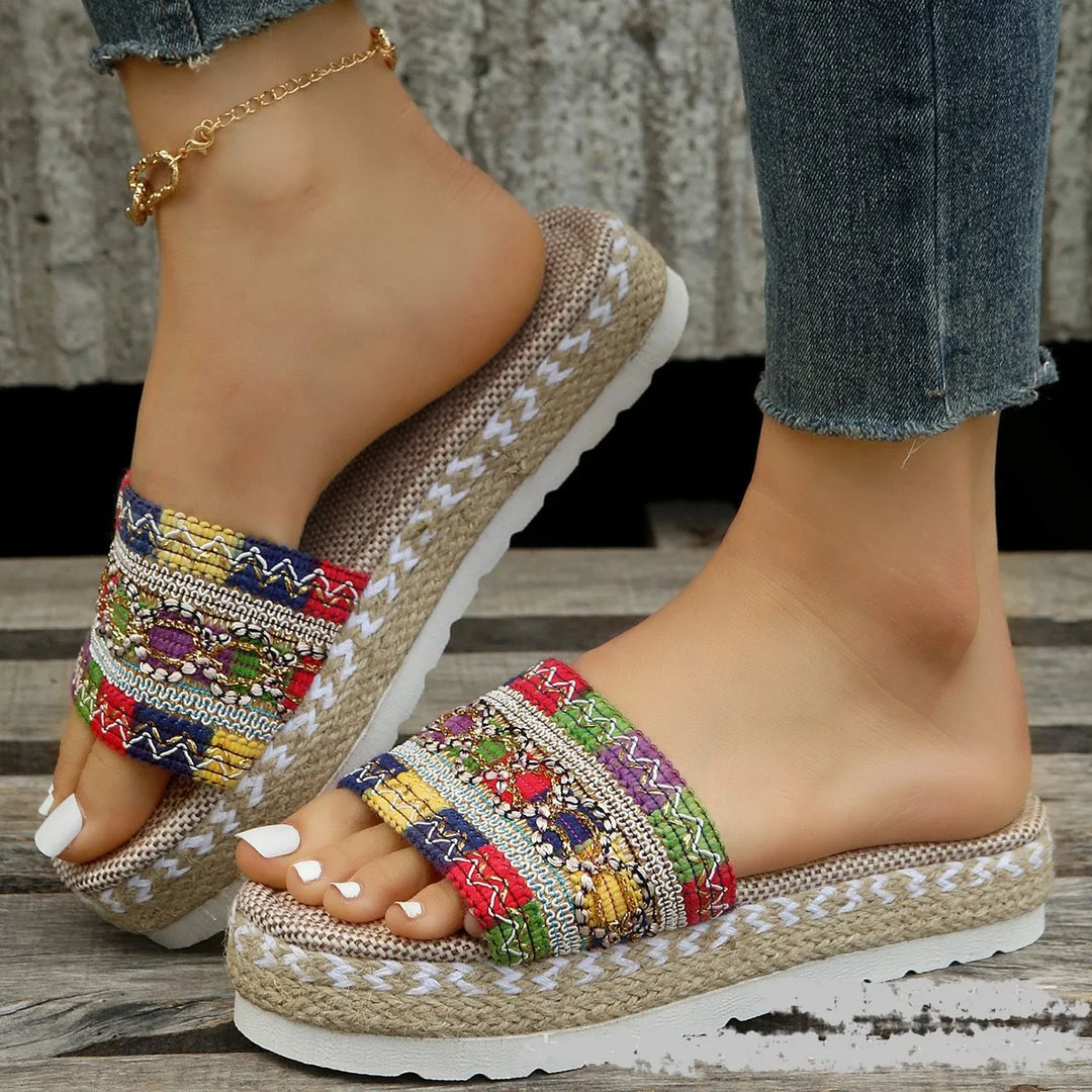 Women's Woven Slide Sandals - Bohemian Style - Elevated Sole - Casual Comfort