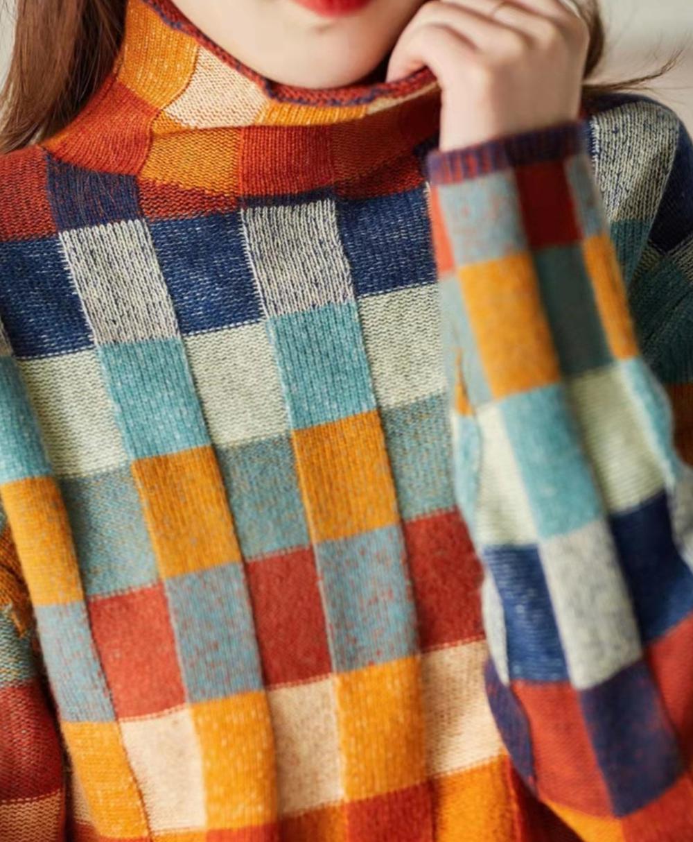 Women's colorful checkered high collar sweater